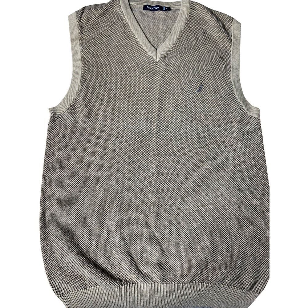 Mens XL Nautica Tan Waffle Knit Cotton Sweater ‎ Vest Pullover Grandpa Casual